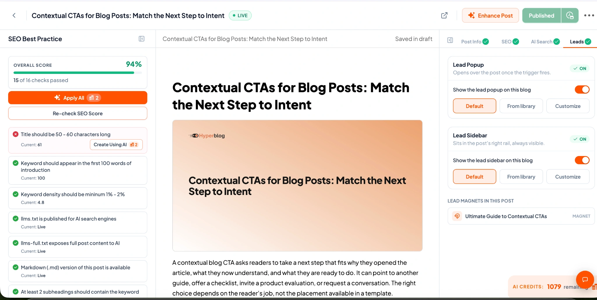 Hyperblog editor with the published Contextual CTAs article and its SEO checks
